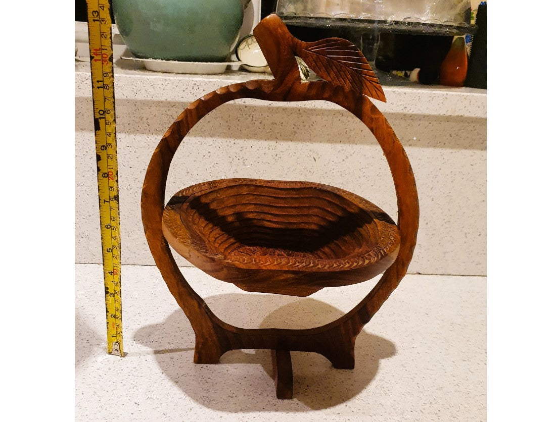 Collapsible Fruit basket, Rosewood, Apple shaped, Folds flat, Trivet, Display, Collapsible wooden Fruit Bowl, 13 , 14 Inches. VGC