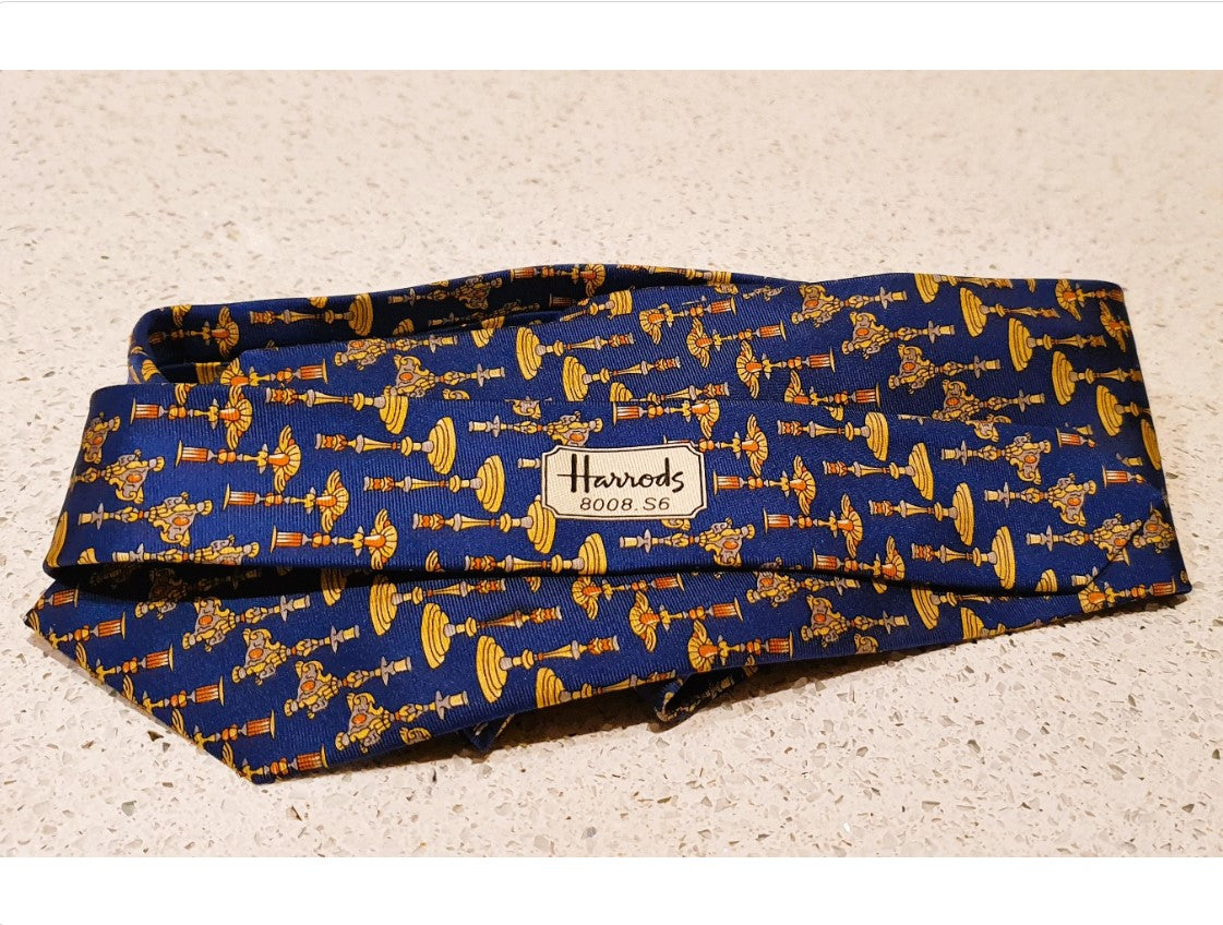 Harrods, original, Men's, Silk Tie, Blue and Gold, Candlestick Design, Harrods, London, England, Made in England