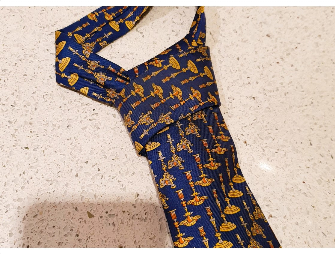 Harrods, original, Men's, Silk Tie, Blue and Gold, Candlestick Design, Harrods, London, England, Made in England