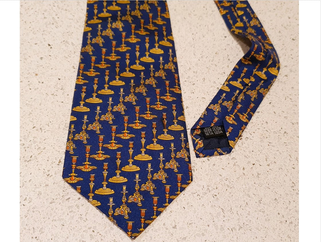 Harrods, original, Men's, Silk Tie, Blue and Gold, Candlestick Design, Harrods, London, England, Made in England