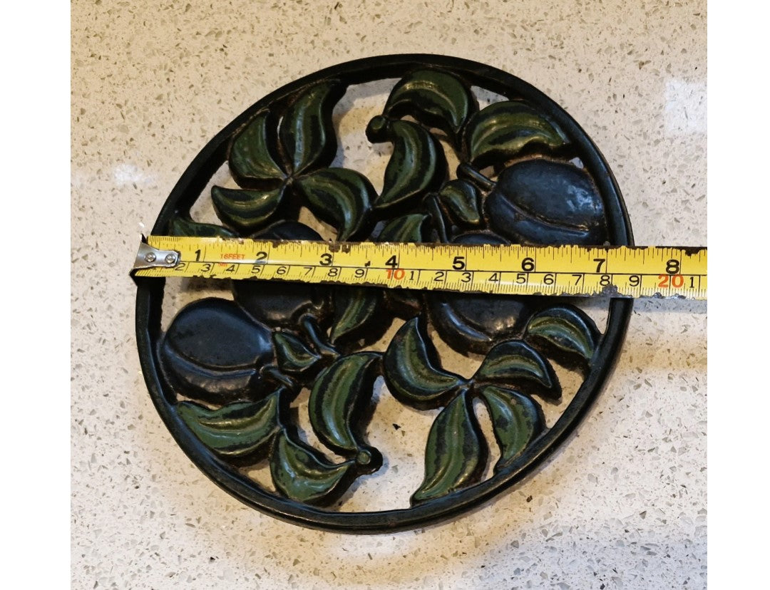 Italian Cast Iron Trivet, Cast iron Pot Stand, Cast Iron Pan Stand, Green, Vine Leaves, Plums, Fruit, 90s
