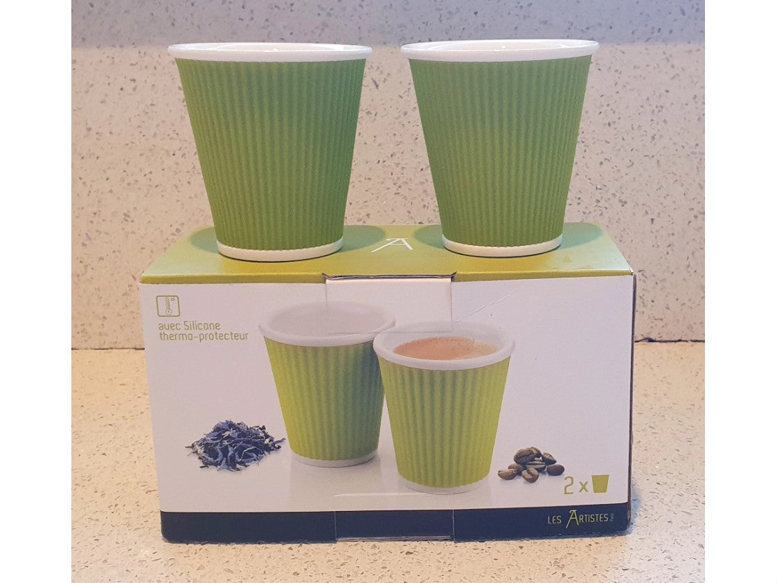 Les Artistes, Lime Green, Coffee cups, thermally protected ceramic, New, Boxed, Pair Green