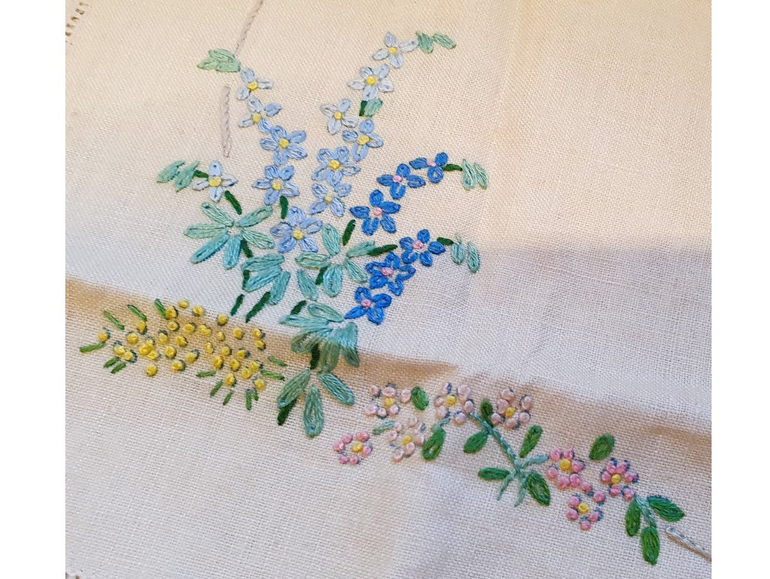 Vintage, English Hand Embroidered Linen, Shakespeare's Birthplace, Ann Hathaway's House, English Country Garden, Floral. 19 x 14 Inches