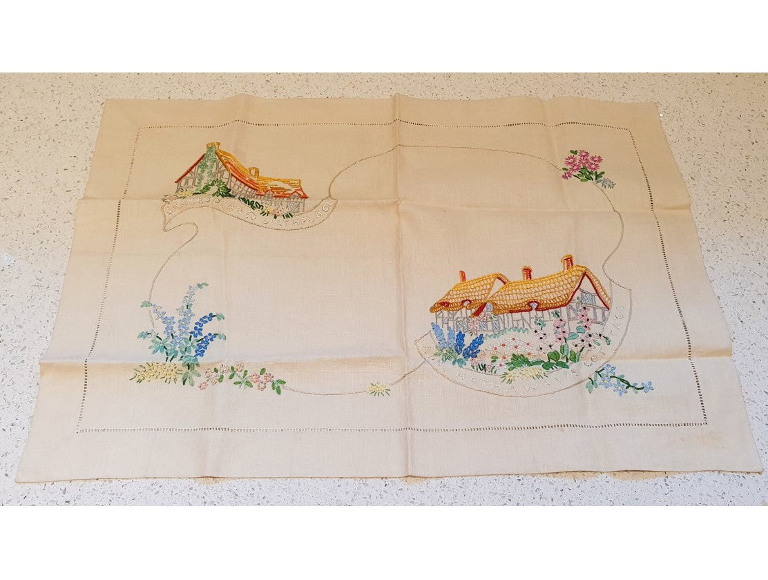 Vintage, English Hand Embroidered Linen, Shakespeare's Birthplace, Ann Hathaway's House, English Country Garden, Floral. 19 x 14 Inches