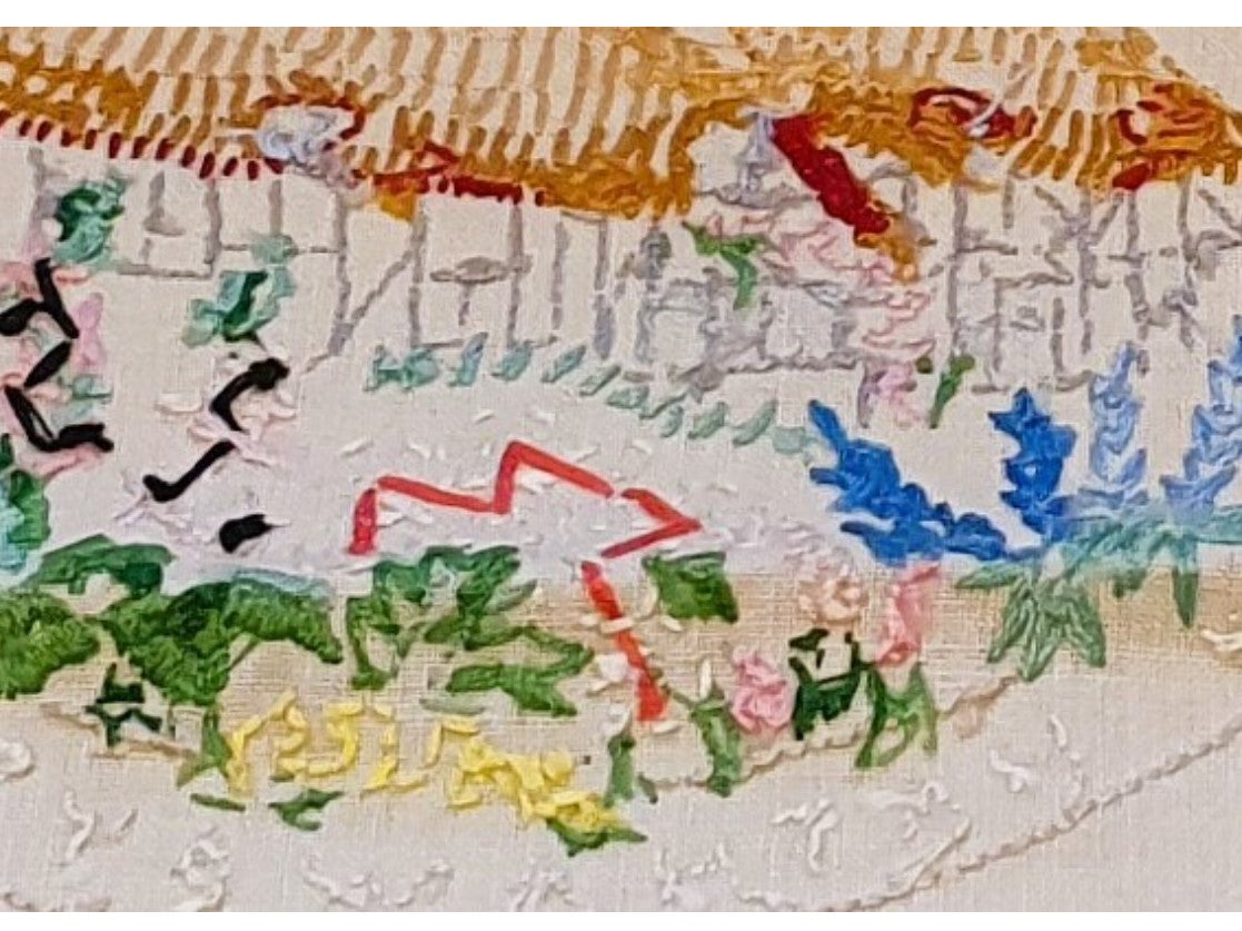 Vintage, English Hand Embroidered Linen, Shakespeare's Birthplace, Ann Hathaway's House, English Country Garden, Floral. 19 x 14 Inches