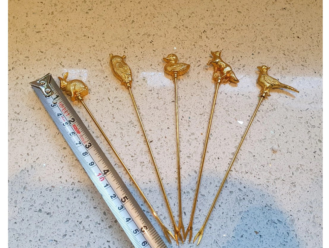 Vintage, Gold Plated, Pickle Forks, Set of 5, Rabbit, Owl, Pheasant, Duck, Dog, Set of Pickle Forks, Unique, Quirky, Immaculate, Long