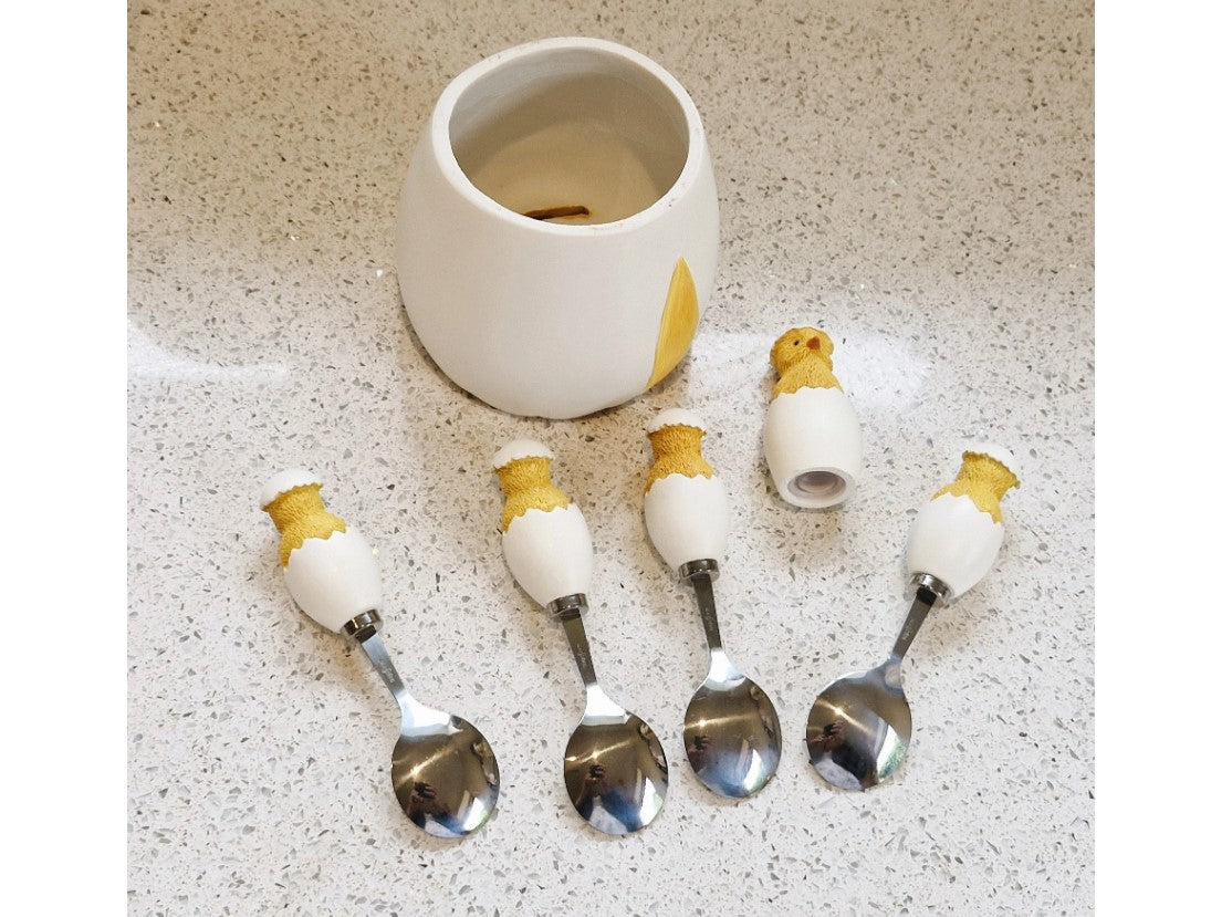 Vintage, Sagaform, Cracked Egg Teaspoons and Cracked Egg Teaspoon holder, with original Salt shaker Chick, Complete