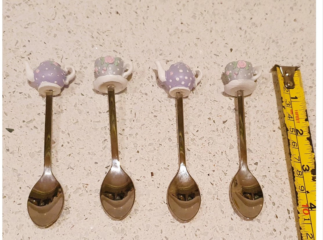 Vintage, Silver Plated, Ceramic Handles Tea Spoons, Tea cup, Tea Pot, Cake, Shaped, Novelty, Quirky, Afternoon Tea, 10cm