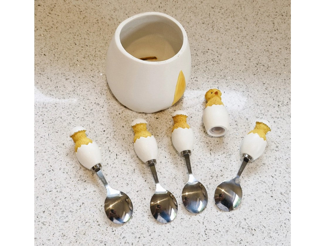 Vintage, Sagaform, Cracked Egg, Teaspoons and Cracked Egg Teaspoon holder, with original Salt shaker Chick, Complete, BOXED