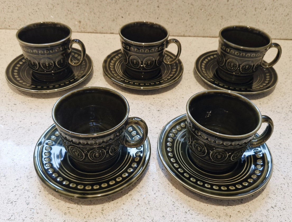 Tams Ware, Cotswold Coffee Cups & Saucers, Green, Moss Green, Dark green, 1970s, John Tams, Made in England, Price is per Cup