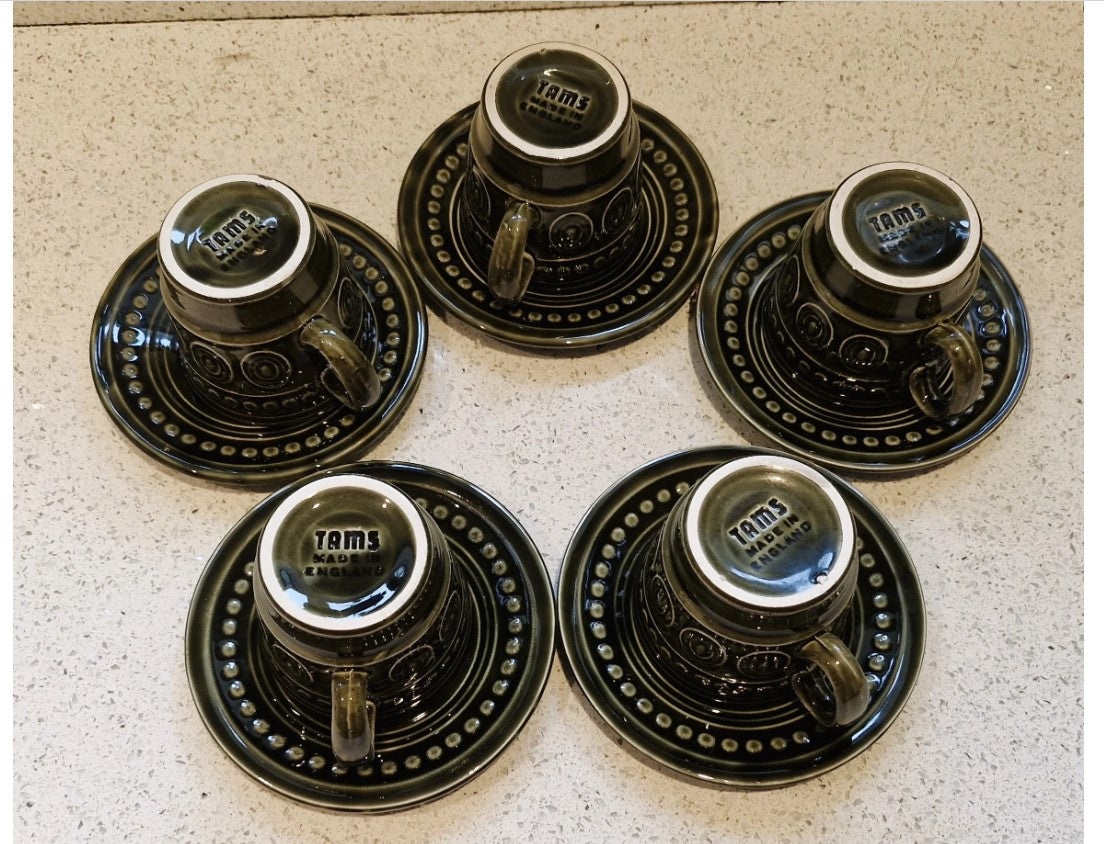 Tams Ware, Cotswold Coffee Cups & Saucers, Green, Moss Green, Dark green, 1970s, John Tams, Made in England, Price is per Cup