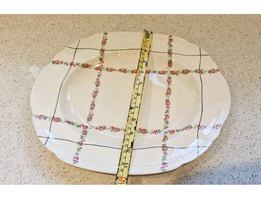 Alfred Meakin, Platter, 1930s, 40s, Flower, Line design, Cream, Black, yellow, Pink, Stamped, Excellent Condition, 12 x 10 Inch