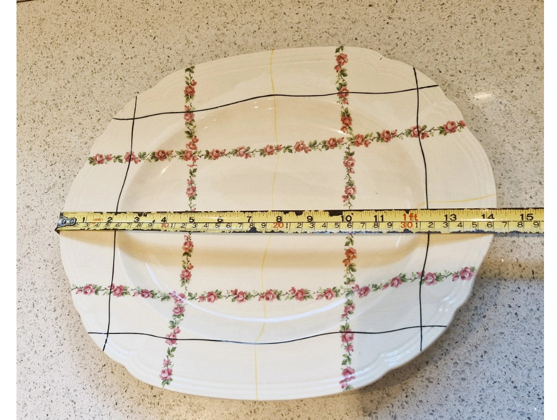 Alfred Meakin, Platter, 1930s, 40s, Flower, Line design, Cream, Black, yellow, Pink, Stamped, Excellent Condition, 12 x 10 Inch