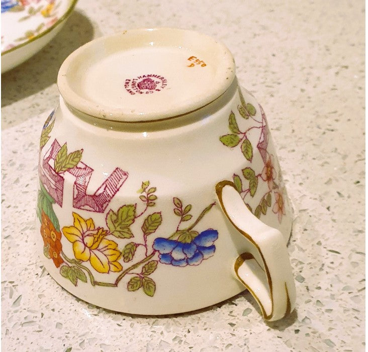 English Bone China Tea cup and Saucer, Early Hammersley, Japanese Bamboo, Immaculate! 1930's - Green, Pink, White, Garden- IMMACULATE