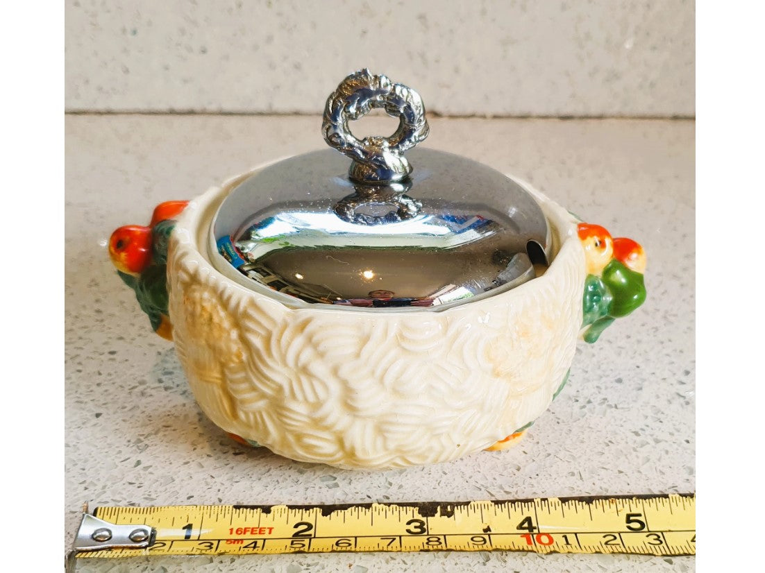 1930s, Original, Clarice Cliff, Celtic Harvest, preserve pot, Sugar Bowl, circa 1936 relief moulded with corn, Very Good Condition, Signed