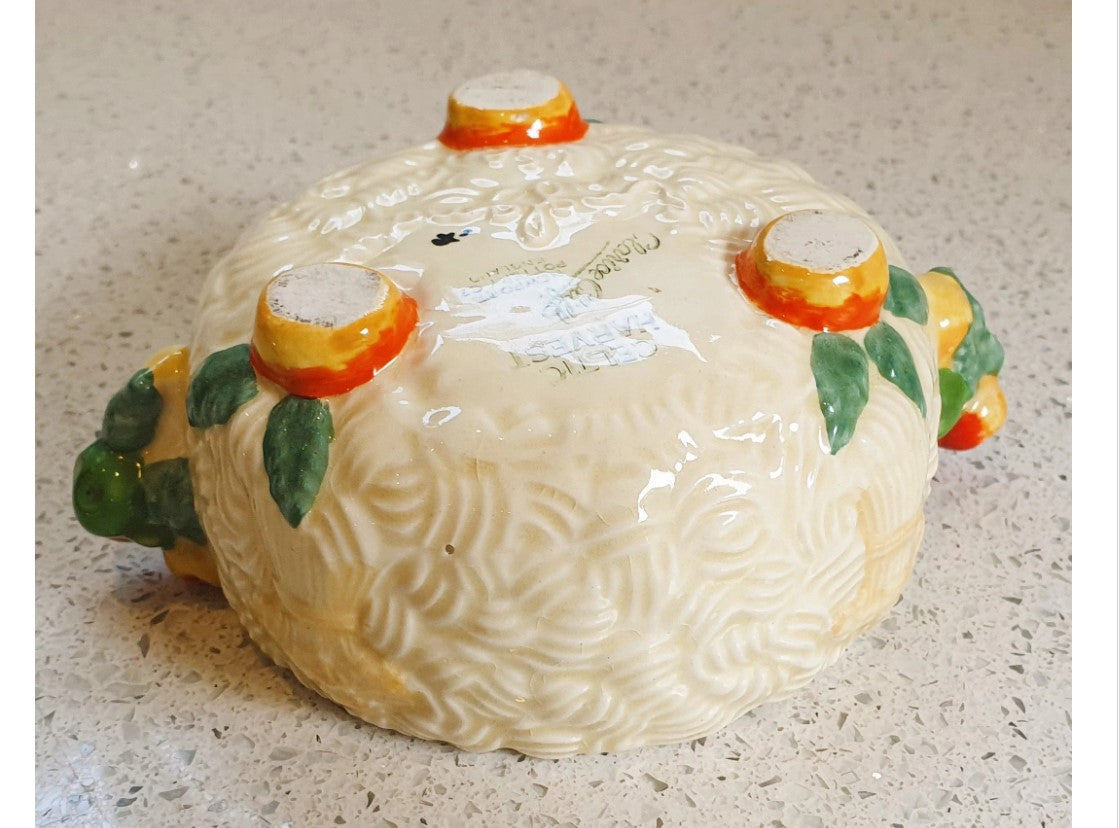 1930s, Original, Clarice Cliff, Celtic Harvest, preserve pot, Sugar Bowl, circa 1936 relief moulded with corn, Very Good Condition, Signed
