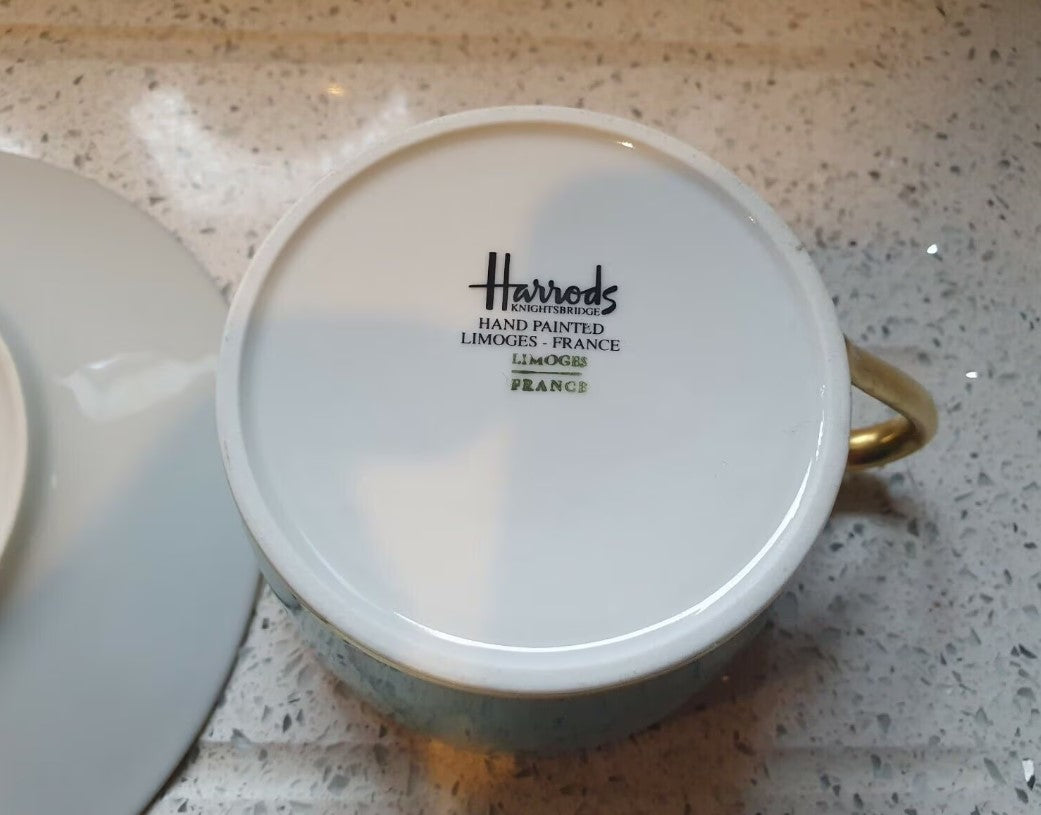Harrods, Limoges, Tea Cup Saucer, Cappuccino coffee cup and Saucer Hand Painted Fine China, Sous Le Soleil, 22k Gold, RARE, A1 Condition