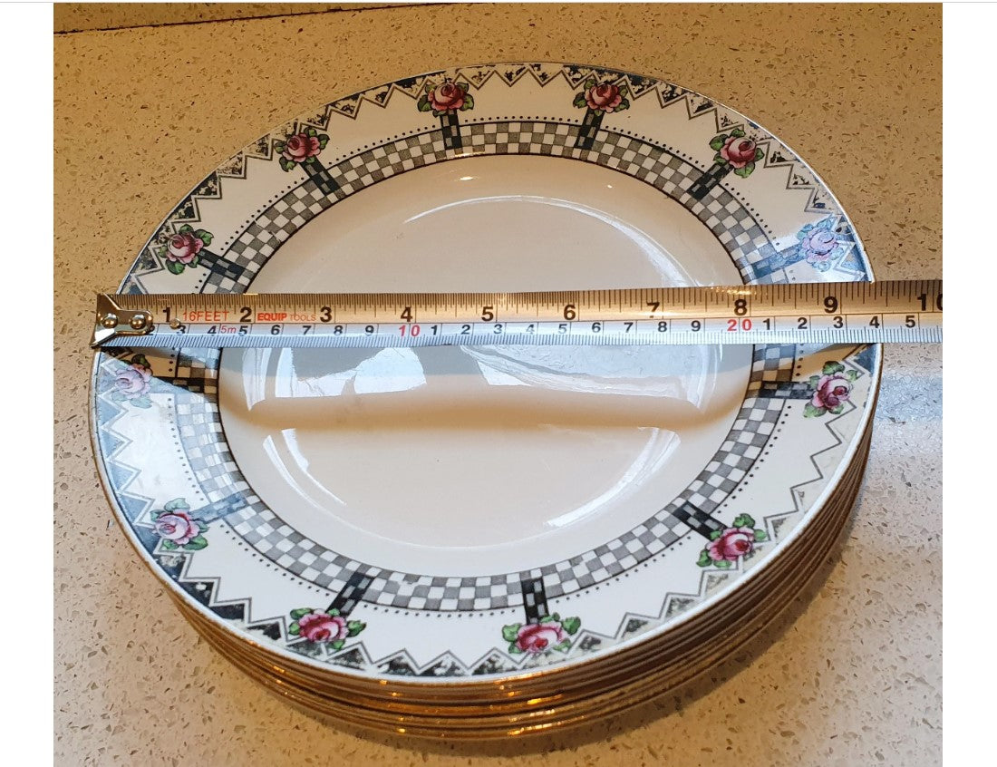 Antique, Vintage Art Deco Black and White Salad Plates 9.5 Inch, 1920s, Early Art Deco Plates, Set of 6