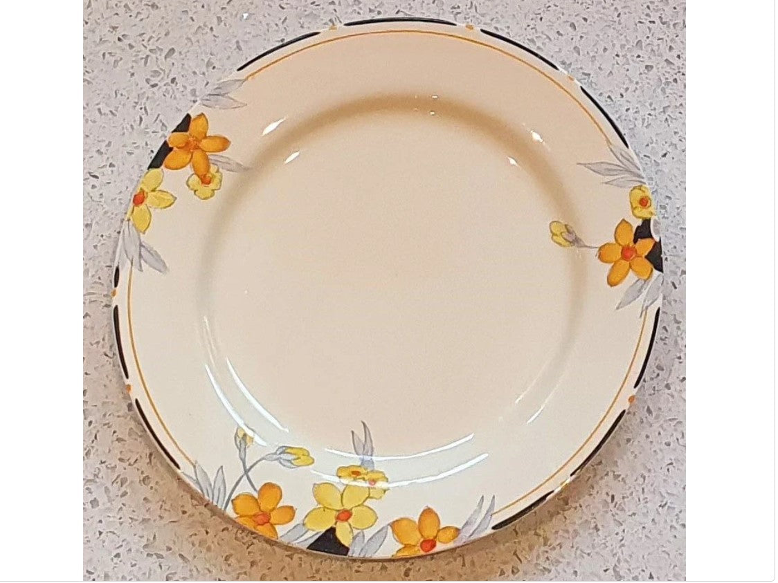 Art Deco Plates, 1920s, Crown Ducal, Sunburst, Hand Painted, Orange and Yellow Flowers, Black rim, Salad Plates, 7 Inch, Made in England, VGC