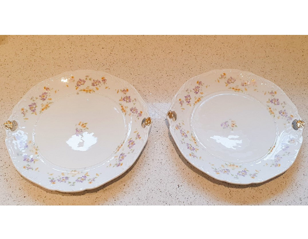 Fine China Cake Plates, Vintage, Gilt edged, Chintz, ditsy flower, German, Floral, White, Pink, Flowers, Afternoon Tea, Gold, 1930s, 10 inch, Round