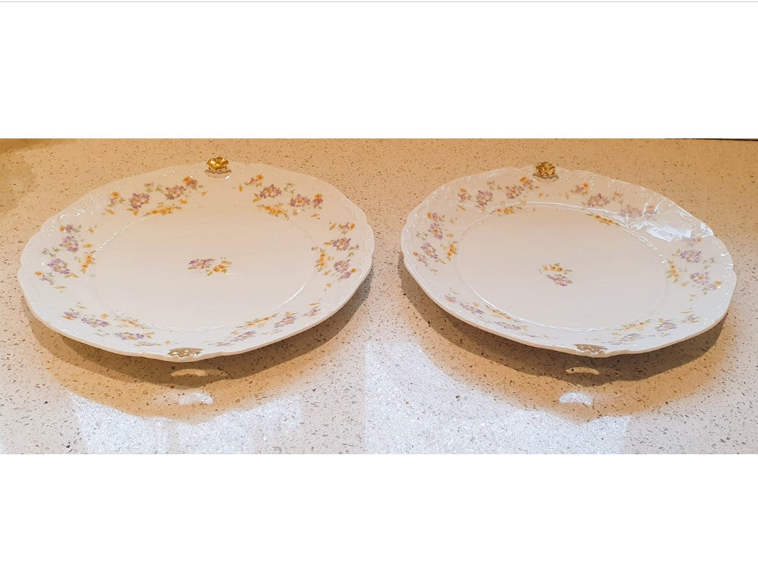 Fine China Cake Plates, Vintage, Gilt edged, Chintz, ditsy flower, German, Floral, White, Pink, Flowers, Afternoon Tea, Gold, 1930s, 10 inch, Round