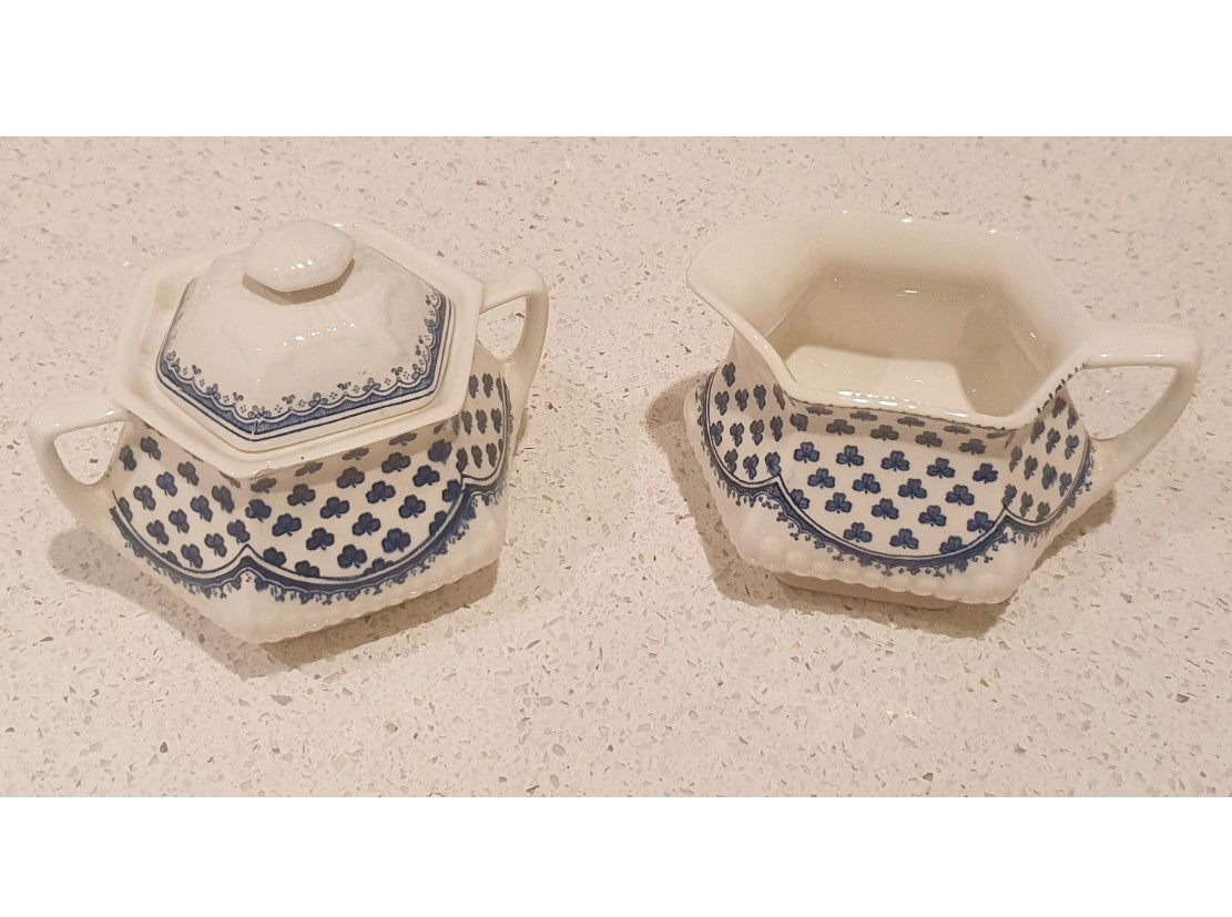 Wedgewood Jug and Sugar Bowl, Adams of Brentwood, English Ironstone, Creamer, Blue Clover Pattern