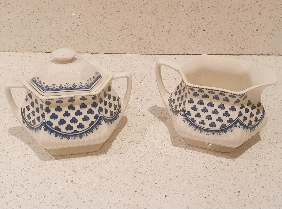 Wedgewood Jug and Sugar Bowl, Adams of Brentwood, English Ironstone, Creamer, Blue Clover Pattern