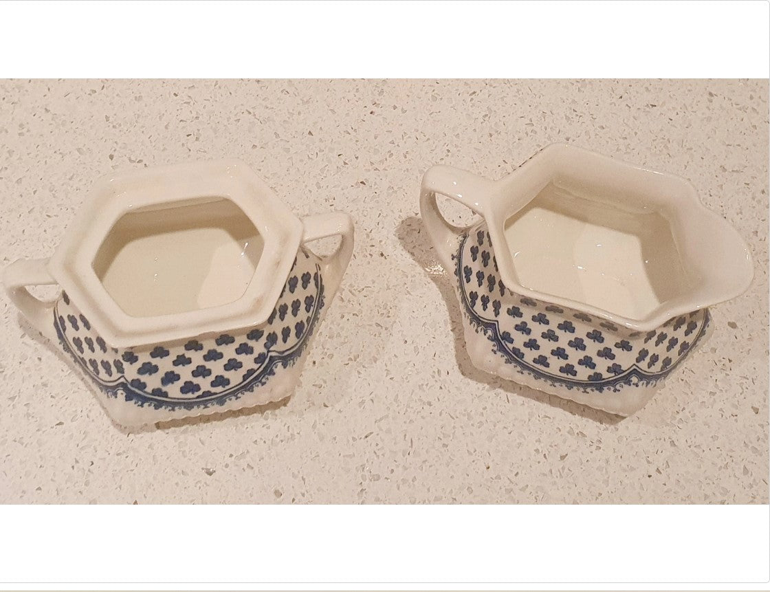 Wedgewood Jug and Sugar Bowl, Adams of Brentwood, English Ironstone, Creamer, Blue Clover Pattern