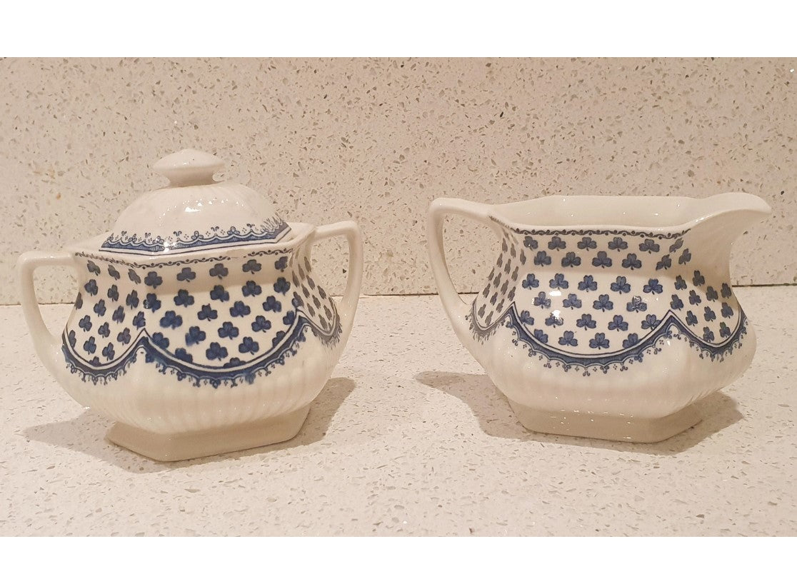 Wedgewood Jug and Sugar Bowl, Adams of Brentwood, English Ironstone, Creamer, Blue Clover Pattern