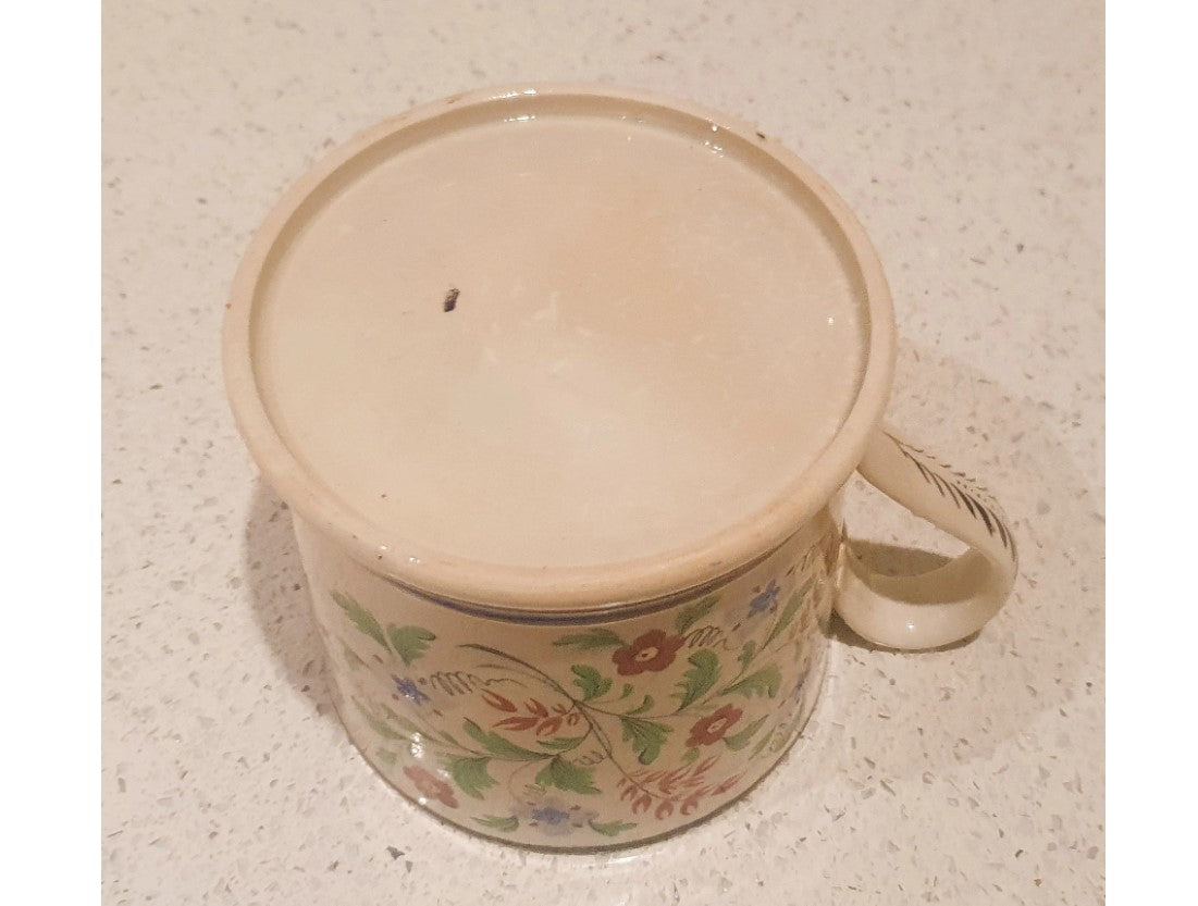 Antique Ceramic Mug, ornate handle, with flower painting, inscribed 1847, with initials, English, Early Victorian