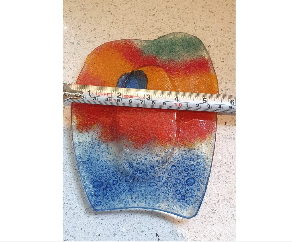 Handmade Art Glass, Bubbled, Sunset, Sunrise, Landscape, Trinket dish, Plate, Unique, Vibrant, Orange, Blue and Red.
