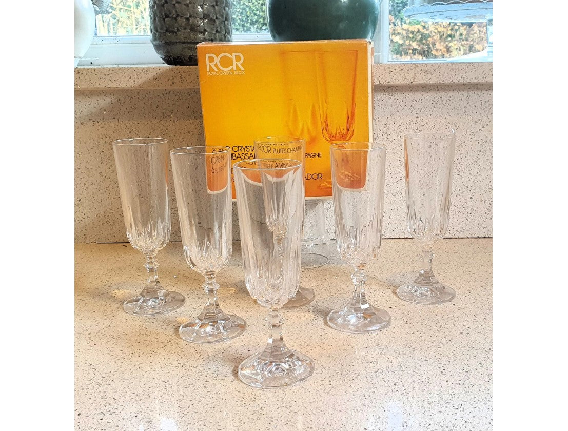 Italian Lead Crystal, Champagne Glasses, Tall Champagne glasses, RCR, Cristalleria Italiana, Cristal Au Plomb, RCR, Royal Crystal Rock, Lead crystal