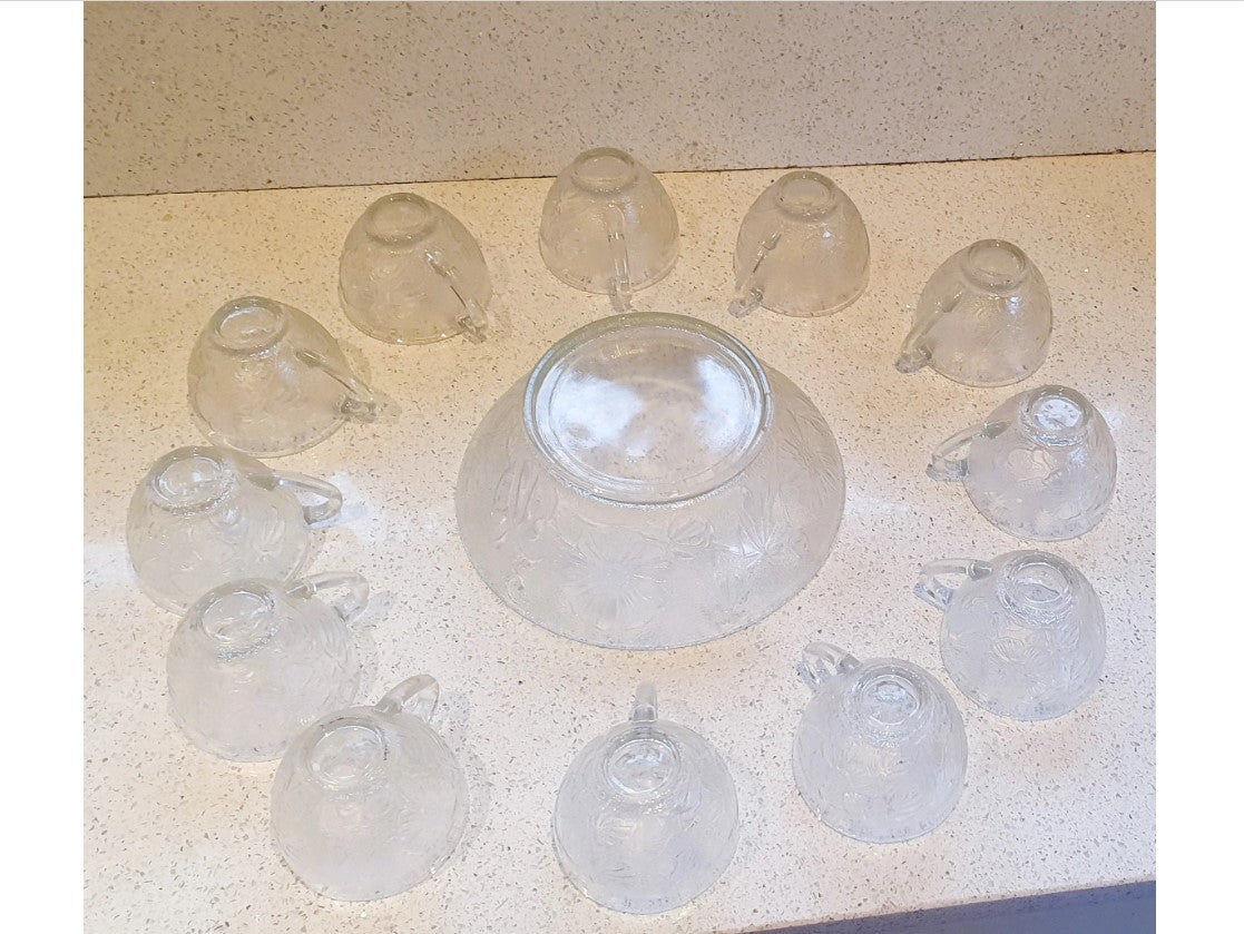 Large Glass Punch Bowl, on Stand, with 12 Glasses, Vintage, hooks, handles, complete - MINT condition, Boxed, Original Packaging - 12 x 9 Inch