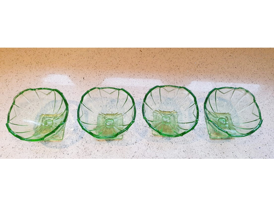 Art Deco Green Glass, Dessert Bowls, Vintage 1930s Green Glass, Ice Cream Glasses