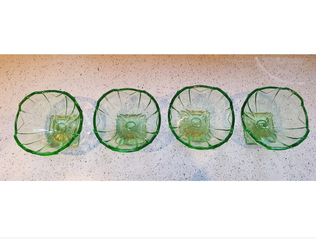 Art Deco Green Glass, Dessert Bowls, Vintage 1930s Green Glass, Ice Cream Glasses
