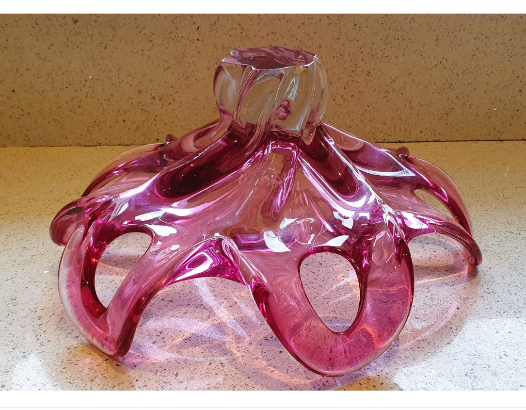 Josef Hospodka, Chribska Glasswork, Large Bowl, Bowl, Art Glass, Raspberry, Pink, Petal, Shaped