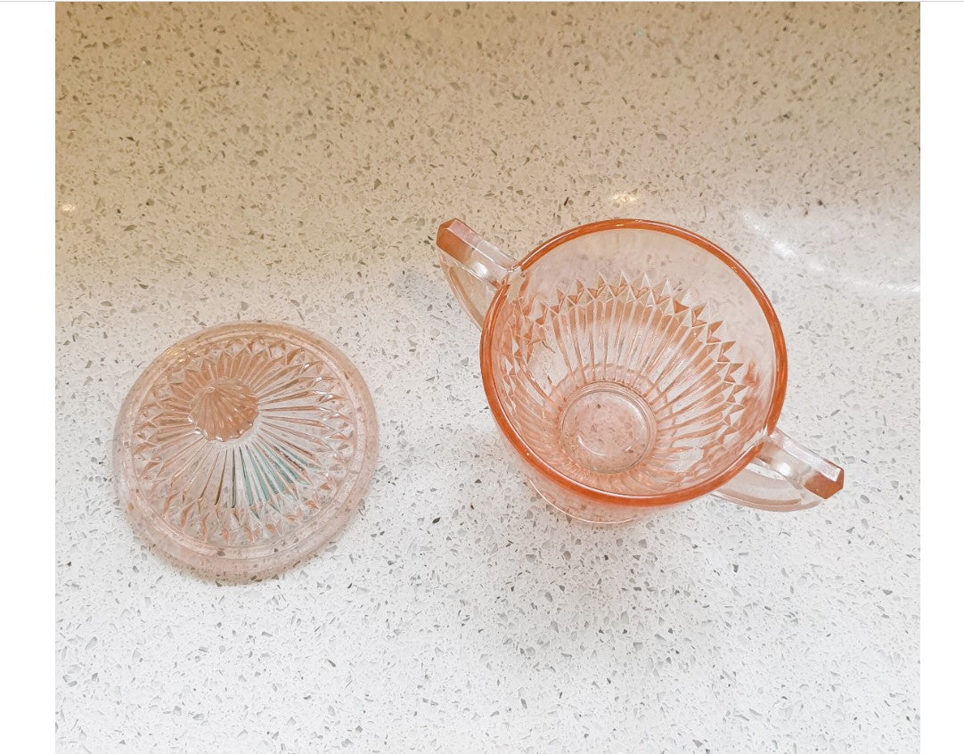 Art Deco Pink Glass Sugar Bowl and Plate, Lidded, Vanity Glass, Afternoon Tea, 6 Inches High