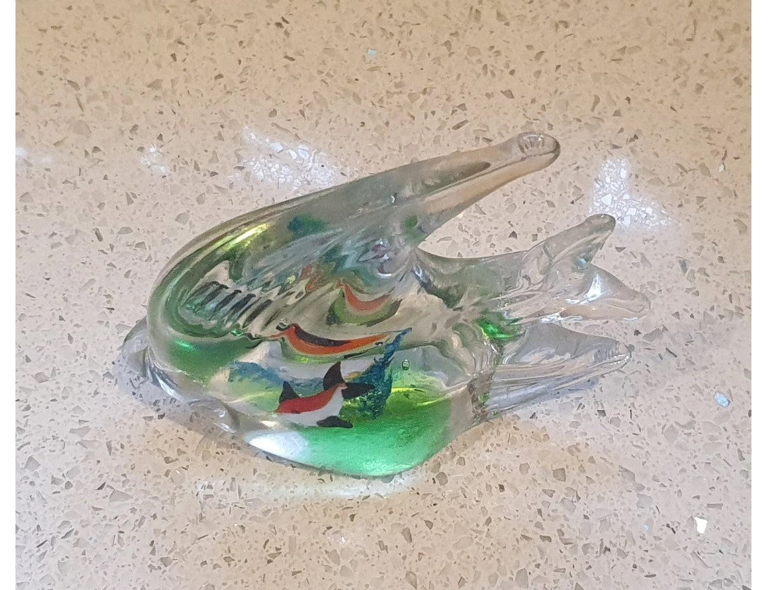 Vintage Art Glass, Angel Fish Paperweight, Clear, Green, Blue, Fish inside Fish