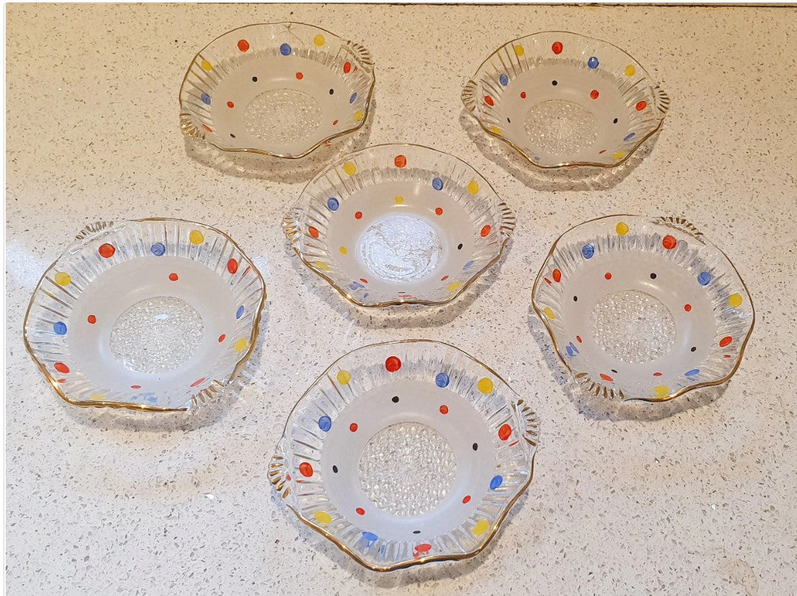 Mid century Glass Dessert Set, Serving Bowl, Dessert Bowls, Ice cream Glasses, coloured spot, pressed glass, hand painted dot, mid century decor