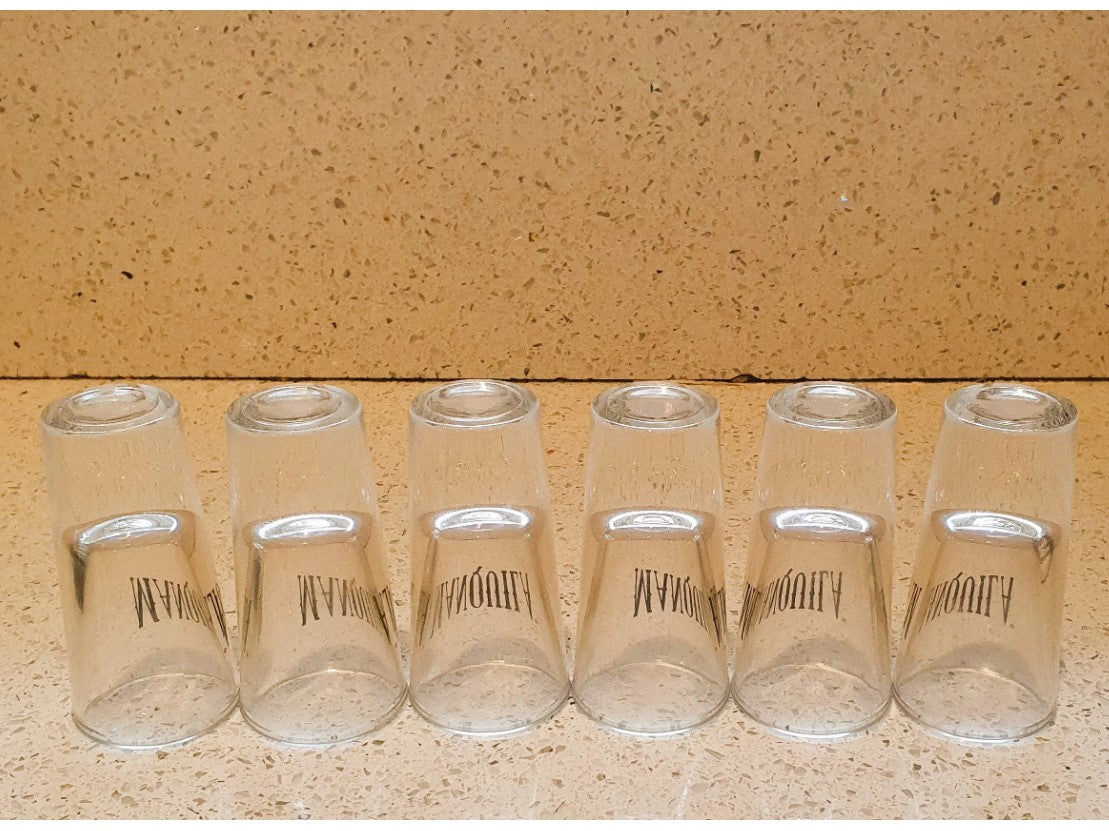 Manquilla, shot glasses, Advertising, Liquor Advertising, Bar, Man Cave, Set of 6