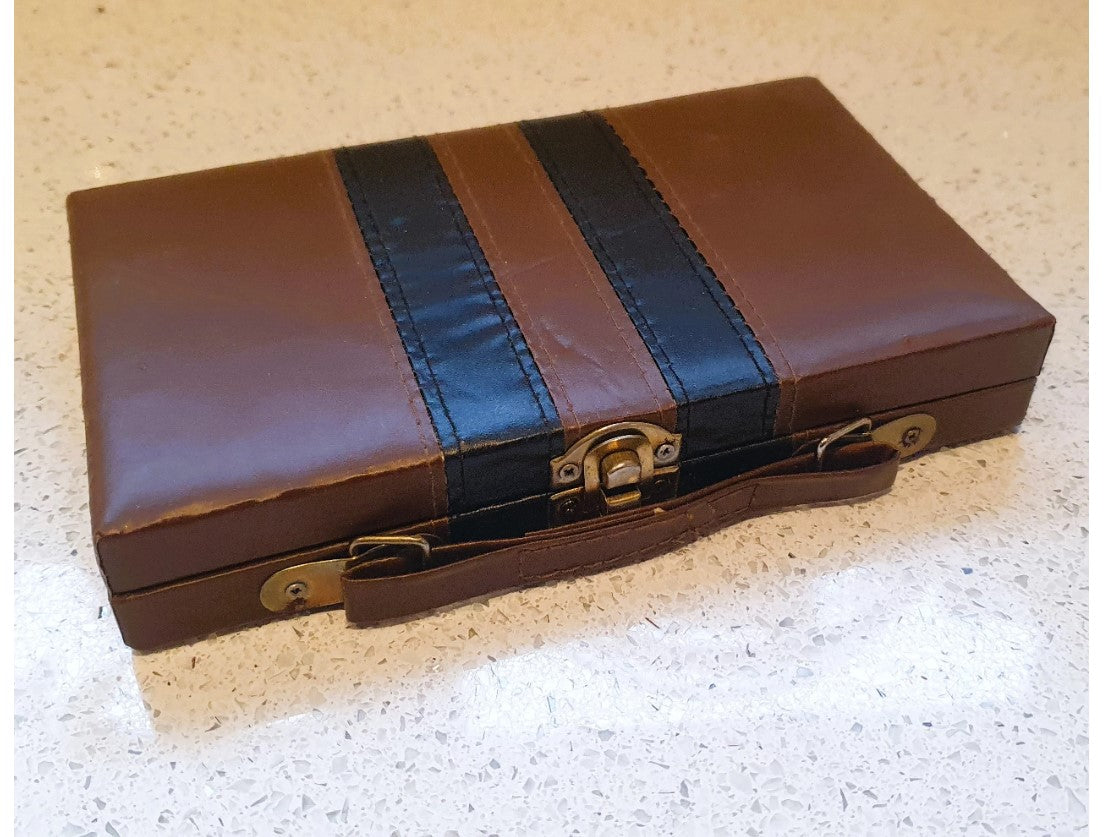 Vintage Dominos in a Faux Leather Striped Case, Bakerlite, Immaculate, Domino Gift Set, stitched, Genuine. Brass Button, 1960s / 1970s