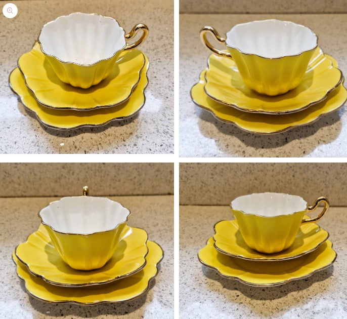 BARBARA - Royal Stuart Bone China Teacup Trio: Yellow Harlequin, Gold Gilt, 1950s + COMPLETE Palitoy Discovery Time Pop Up Tree House, Tree Tots Tree House with ALL Characters (Copy)