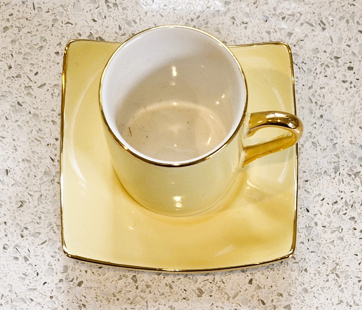 Silea Espresso Cup and Saucer, spoon, fine china, Harlequin, Yellow