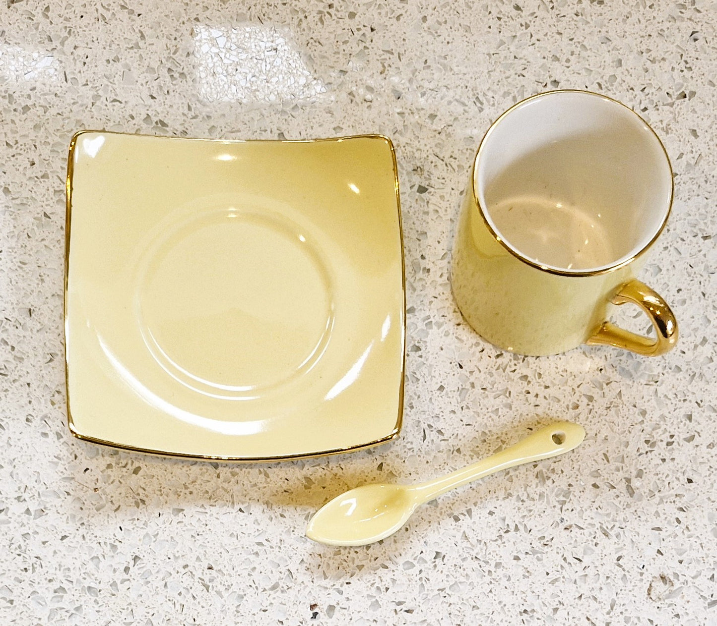 Silea Espresso Cup and Saucer, spoon, fine china, Harlequin, Yellow, Gilt