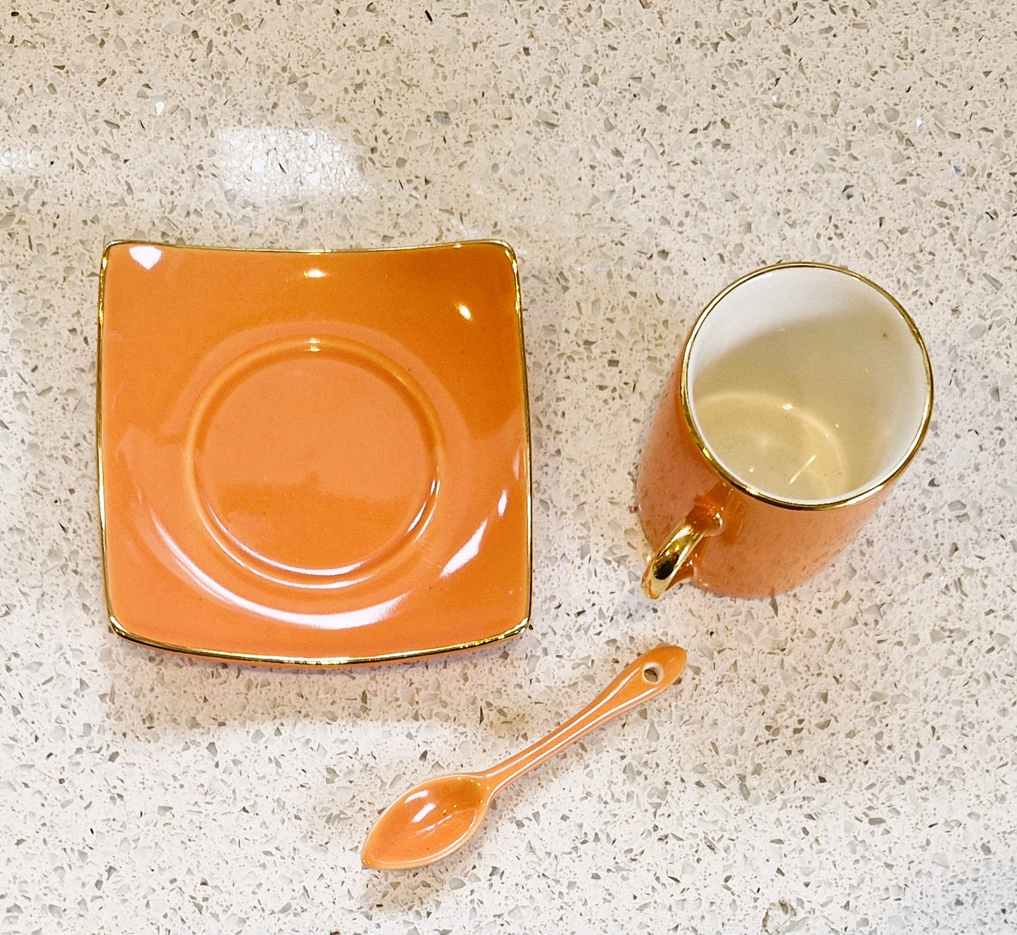 Silea Orange, white and gold Espresso cup and saucer, Fine china, Harlequin coloured coffee cups