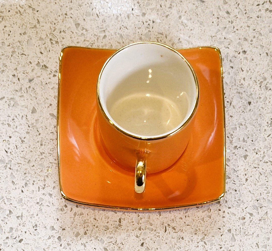 Silea Orange, white and gold Espresso cup and saucer, Fine china, Harlequin Espresso coffee cups