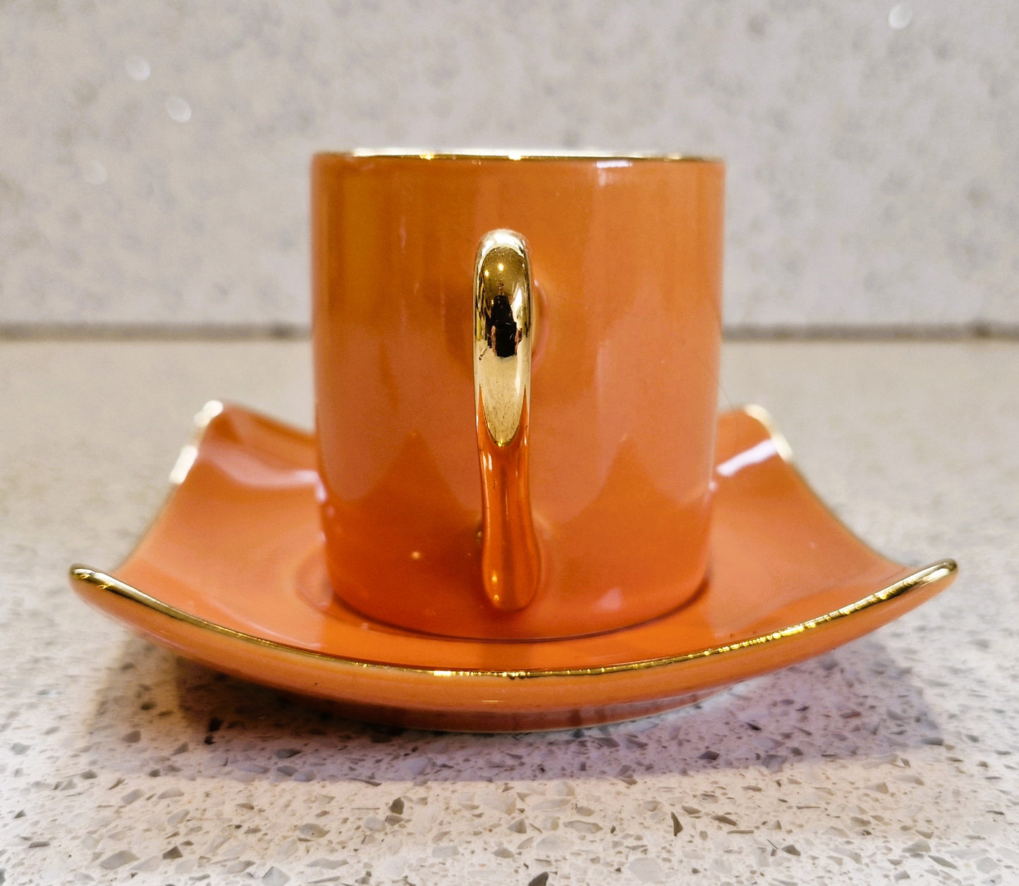 Silea Orange, white and gold Espresso cup and saucer, Fine china, Vintage, Harlequin