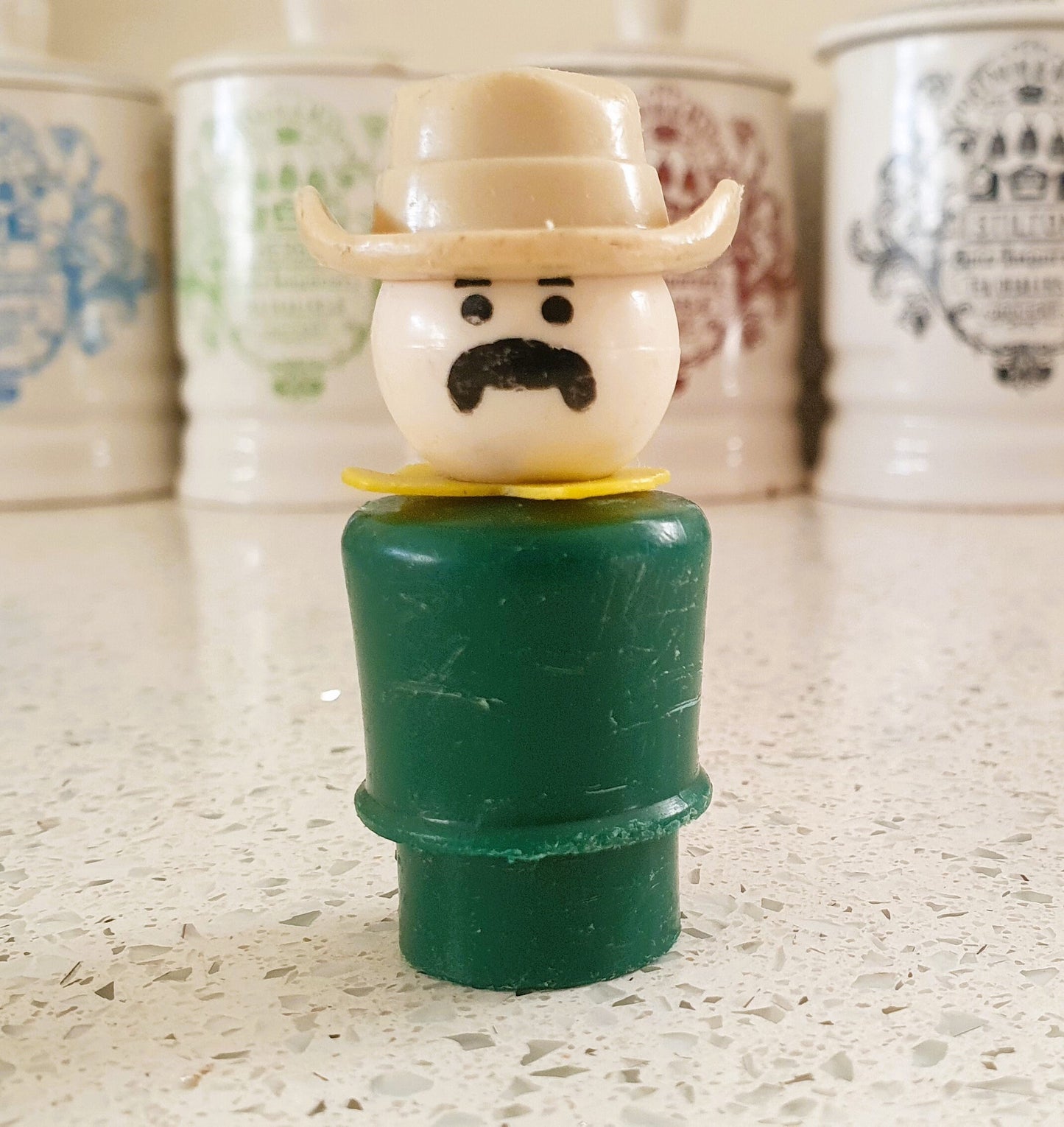 80s, Fisher-Price Zoo, Zoo Keeper, Fisher Price Little People Green Man, Moustache, Beige Hat, Vintage Fisher Price Little People. Zoo