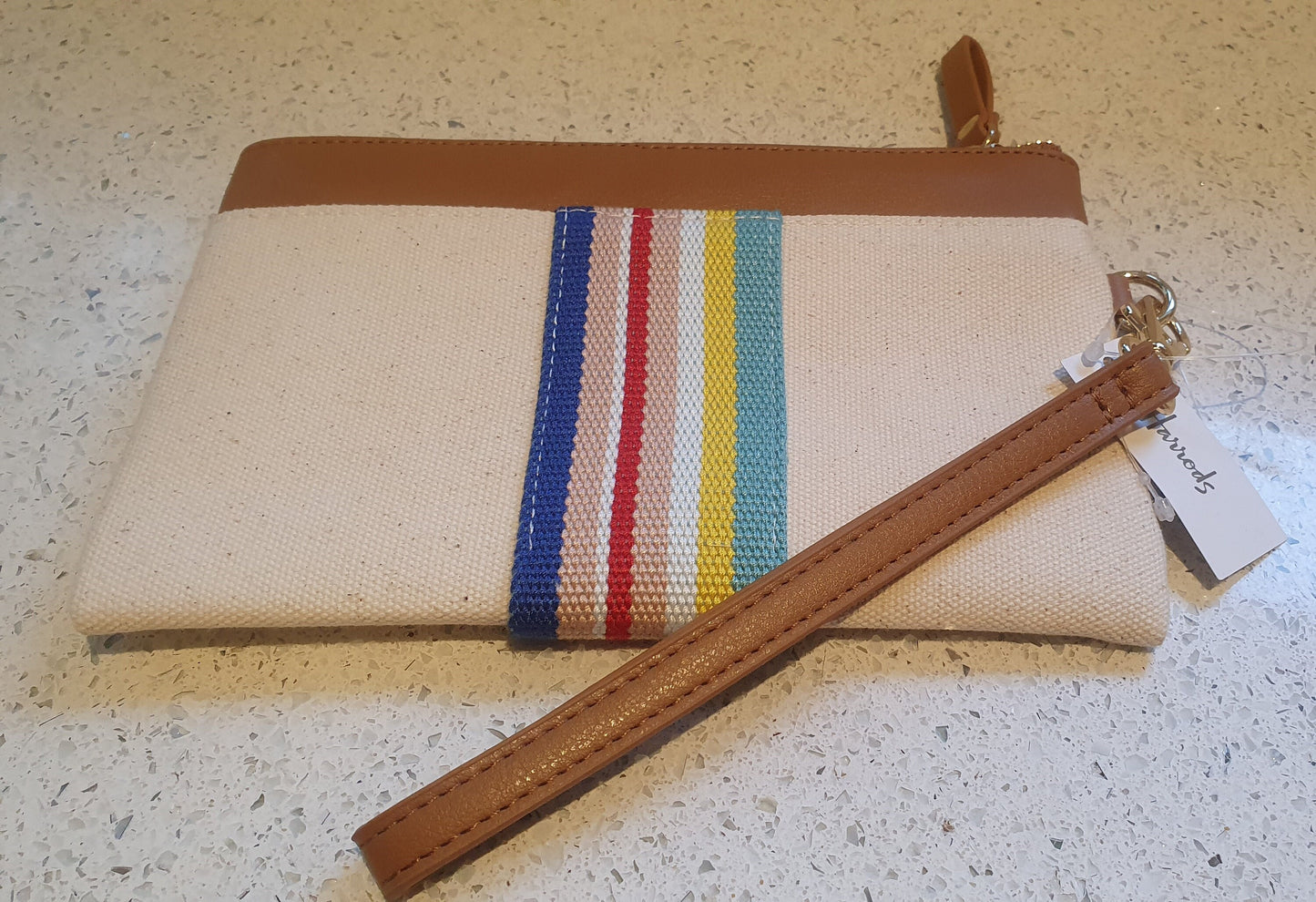 Harrods Kulturbeutel, Waschtasche, Make-up-Tasche, Geldbörse, Canvas und Leder, Regenbogenfarben, Creme, Klassisch.