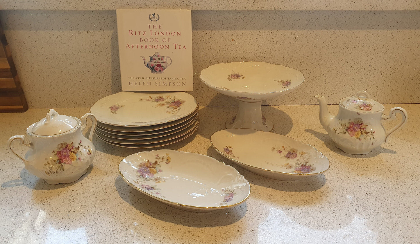 Vintage French Tea Service, Fine China, Cake Stand, Plates, Tea Pot, Sugar Bowl, 6 x Plates, and 2 x Oval Serving dishes
